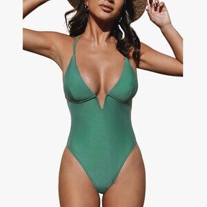 Cupshe One Piece Bathing Suit Deep V Neck, Adjustable Crisscross Back, Green